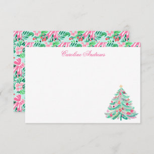 Carte De Remerciements Arbre de Noël Preppy Pink & Green Palm Beach