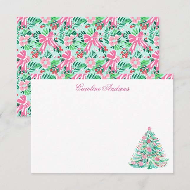 Carte De Remerciements Arbre de Noël Preppy Pink & Green Palm Beach (Devant / Derrière)