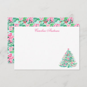 Carte De Remerciements Arbre de Noël Preppy Pink & Green Palm Beach