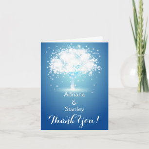 Carte De Remerciements Arbre et lumières scintillantes bleues mariage Mer