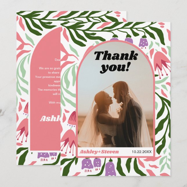 Carte De Remerciements Arc de Boho et fleurs rétro photo mariage (Devant / Derrière)