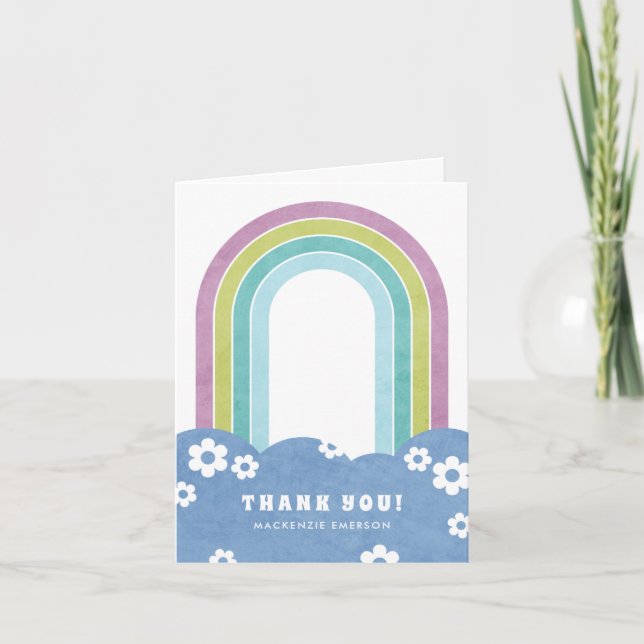 Carte De Remerciements Arc-en-ciel et marguerites rétro - violet (Devant)