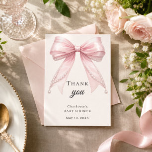 Carte De Remerciements Arc enrubanné rose perles ivoire élégant pour Baby