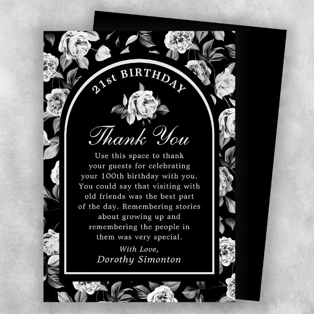Carte De Remerciements Arc floral noir blanc Rose 21e anniversaire (Créateur téléchargé)
