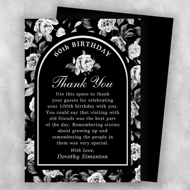 Carte De Remerciements Arc floral noir blanc Rose 60e anniversaire (Créateur téléchargé)