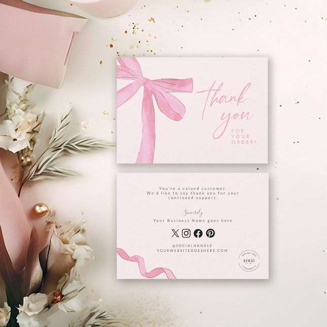 Carte De Remerciements Arc rose Personnalisé Gestion d'entreprise (Custom Small boutique business coquette blush pink bow thank you for your order card.)