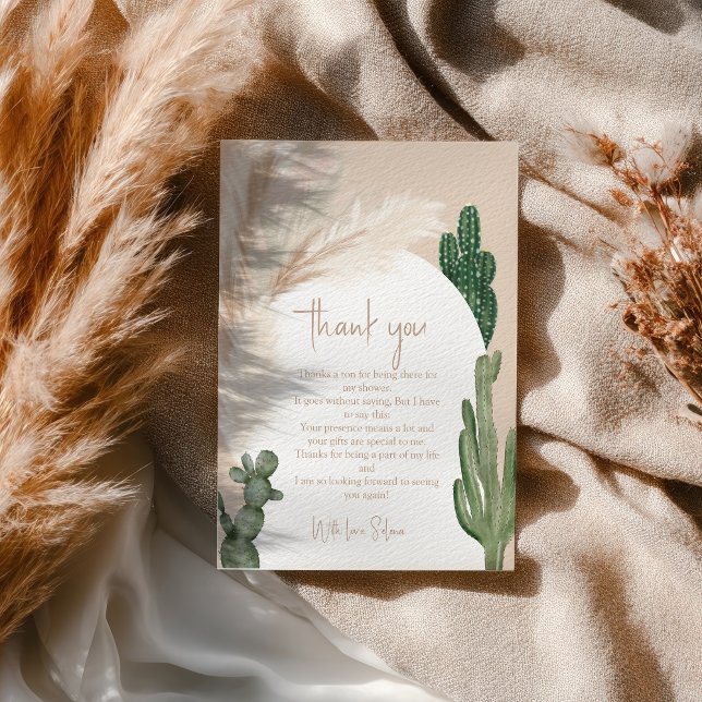 Carte De Remerciements Arche de cactus pampas bohème pour baby shower de  (Boho cactus pampas arch desert bridal shower thank you card)