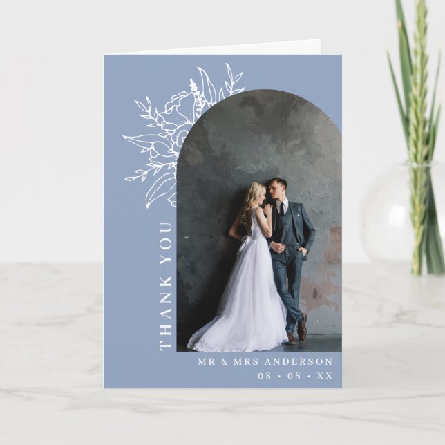 Carte De Remerciements Arche florale bleu foncé Mariage photo plié (Devant)