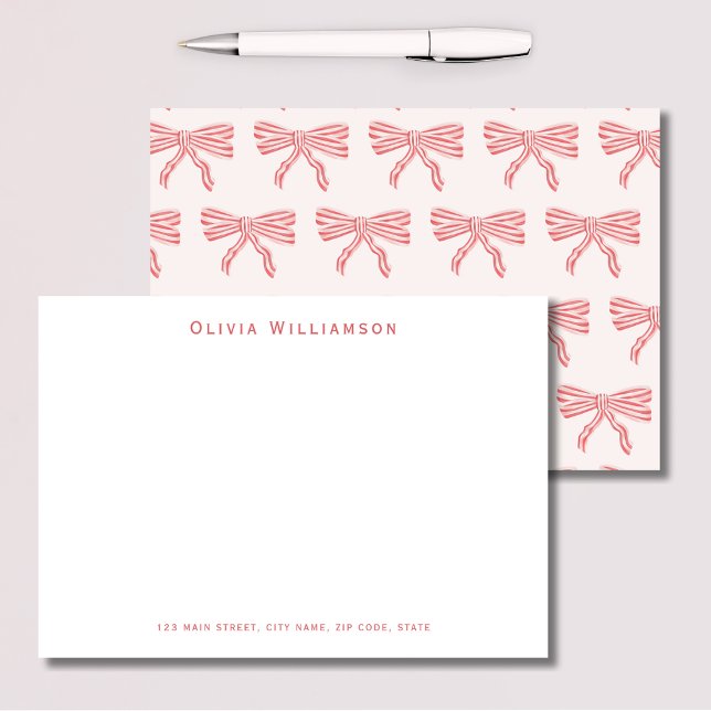 Carte De Remerciements Arcs roses coquette (Cute pink striped bow personalized notecards for coquette aesthetic.)