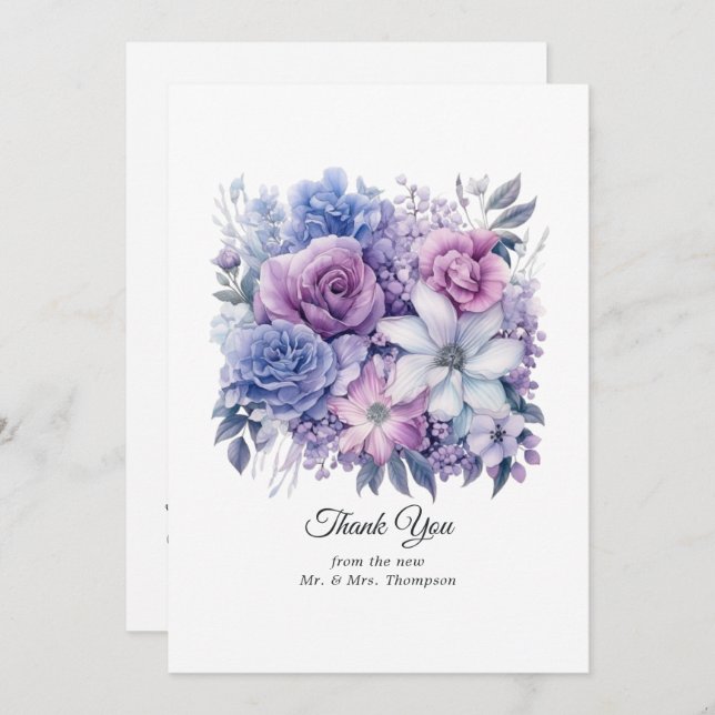 Carte De Remerciements Argent, bleu Icy et Mariage floral Lilac (Devant / Derrière)