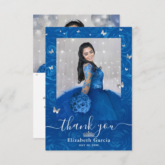 Carte De Remerciements Argent et Royal Blue Quinceañera 2 Photo Anniversa (Devant / Derrière)