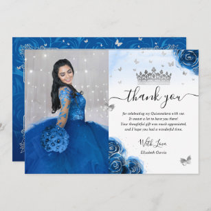 Carte De Remerciements Argent et Royal Blue Quinceañera Photo Anniversair