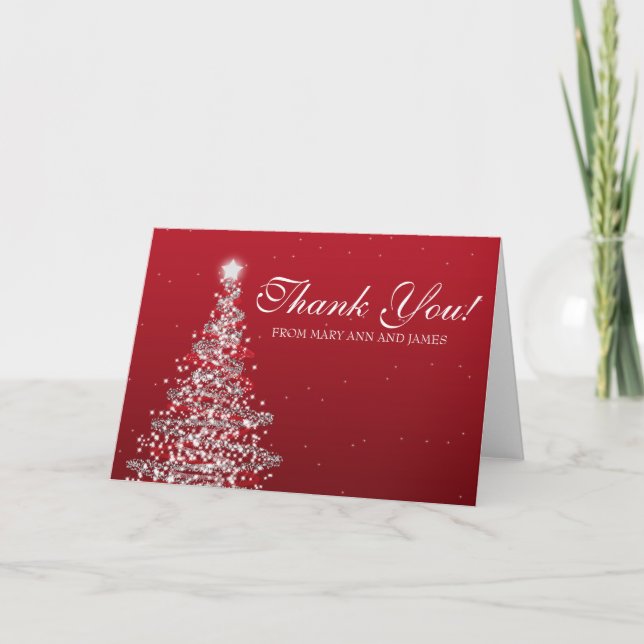 Carte De Remerciements Argent rouge de "Merci" de mariage de Noël (Devant)