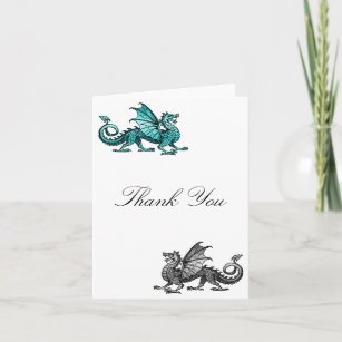 Carte de remerciements argenté turquoise de dragon