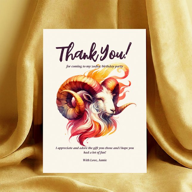 Carte De Remerciements Aries Aquarelle Ram Zodiac Thème Anniversaire Fête (Aries Zodiac-Themed Party Suite | Say Thank You to Guests with Matching Cards!)