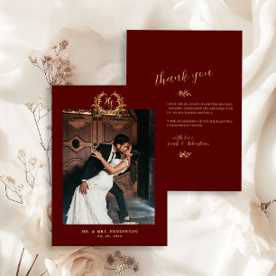 Carte De Remerciements Armoiries Florales Élégantes Bordeaux Or