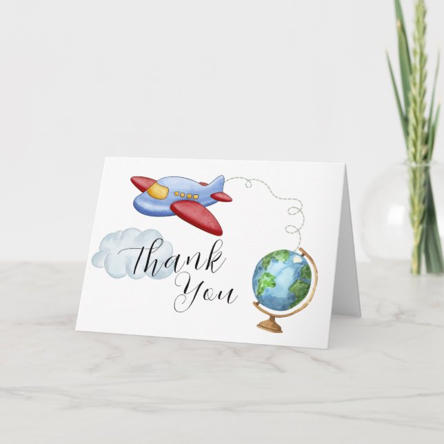 Carte De Remerciements Around The World Map Airplane Boy Baby Shower (Devant)
