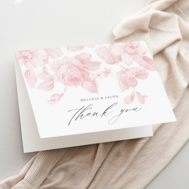 Carte De Remerciements Arroseur de mariage rose élégant à motif floral (Elegant floral pink roses bridal shower thank you card.)