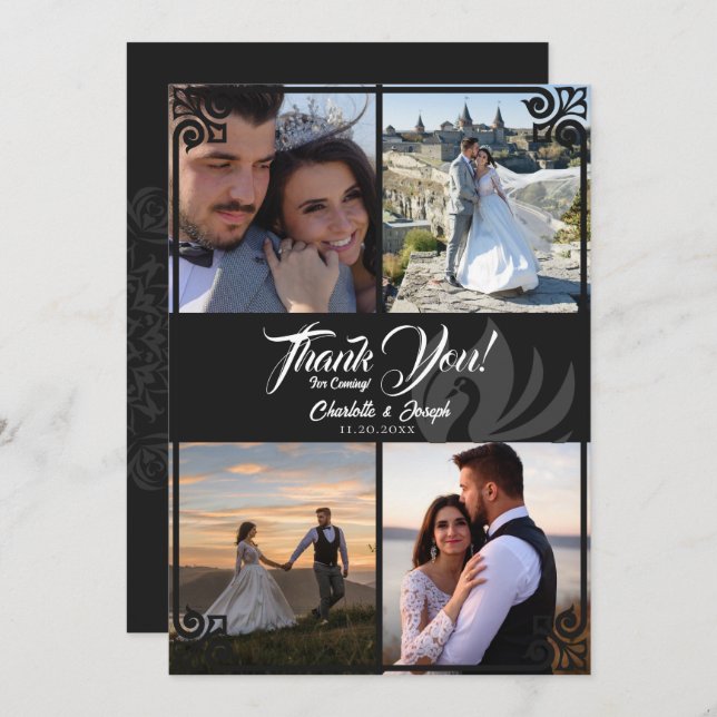 Carte De Remerciements Art déco moderne cygne noir 4 Mariage photo (Devant / Derrière)