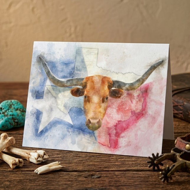 Carte De Remerciements Art d'impression à l'aquarelle représentant une va (Texas Longhorn Cow and Flag Watercolor Print Art. Thank You Card)