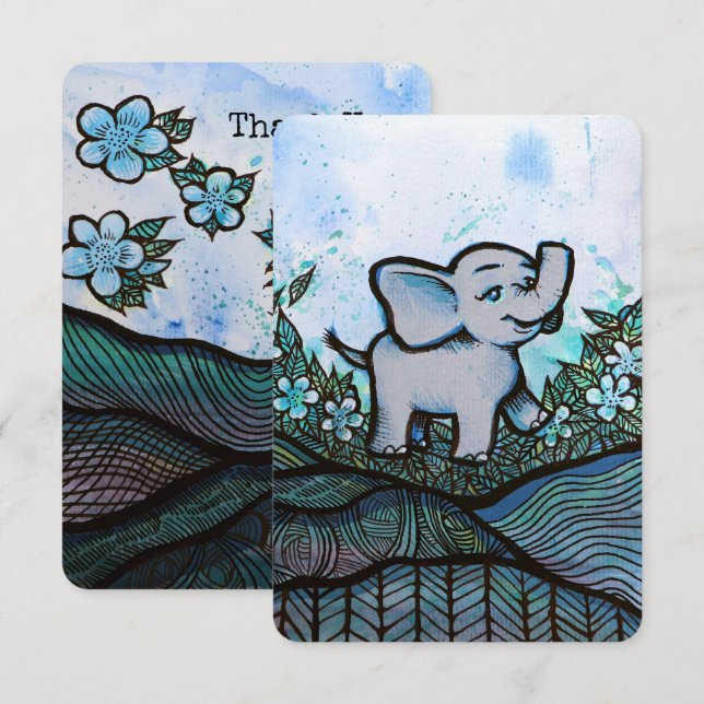 Carte De Remerciements Art Eléphant Floral (Devant / Derrière)
