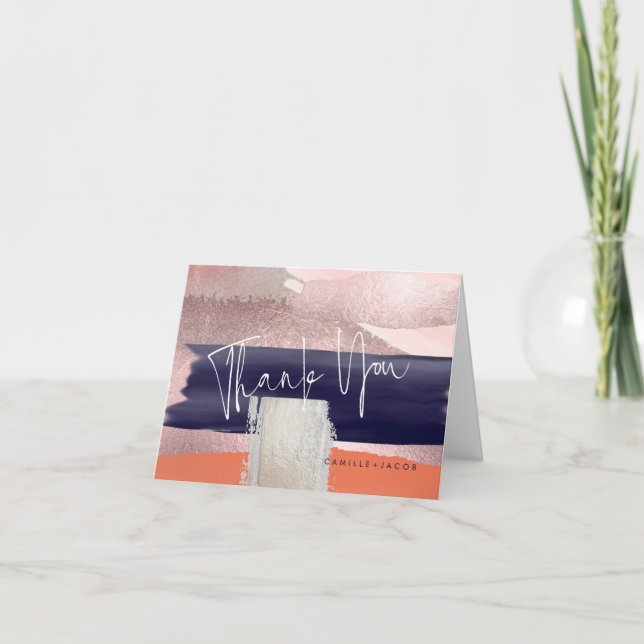 Carte De Remerciements Art moderne, Marine Bleu+Merci d'or Rose (Devant)