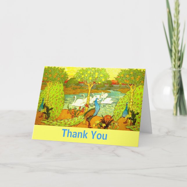 Carte De Remerciements Art Nouveau Paons et Cygnes (Devant)