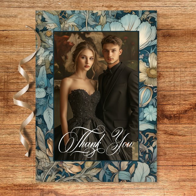 Carte De Remerciements Art Nouveau Turquoise William Morris Floral Mariag (Art Nouveau Teal William Morris Floral Wedding Thank You Card)