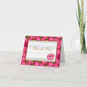 Carte De Remerciements Artiste de maquillage Lèvres roses sur fleurs rose