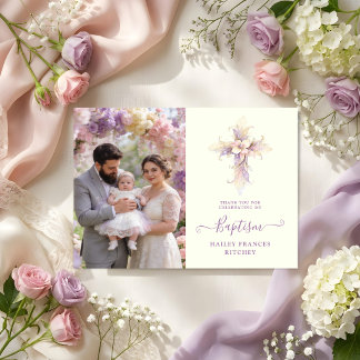 Carte De Remerciements Artistic Lilac Floral Christian Cross Baptism