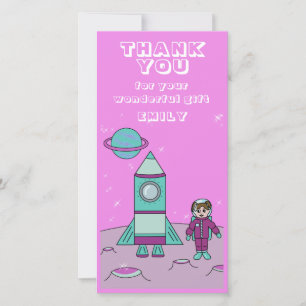 Carte De Remerciements Astronaut Girl Space Rocket rose Anniversaire