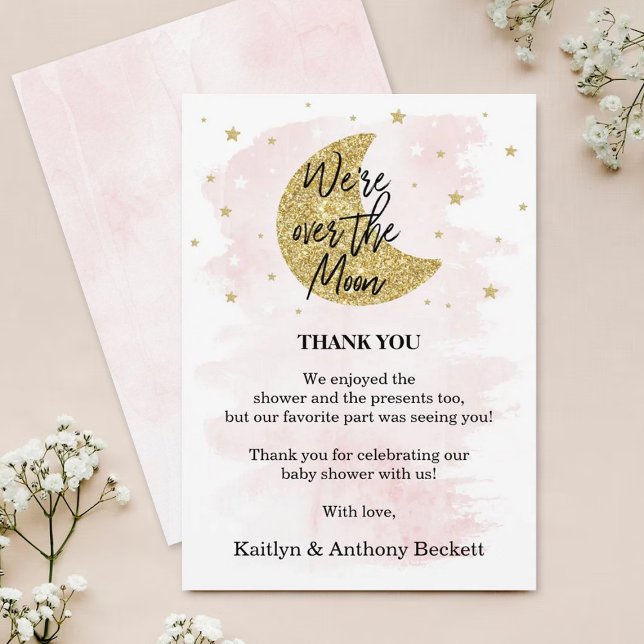 Carte De Remerciements Au-Dessus De La Lune | Baby shower filles (Créateur téléchargé)