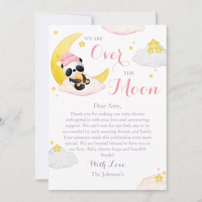 Carte De Remerciements Au-Dessus De La Lune Panda Ours Baby shower Fille (Devant)