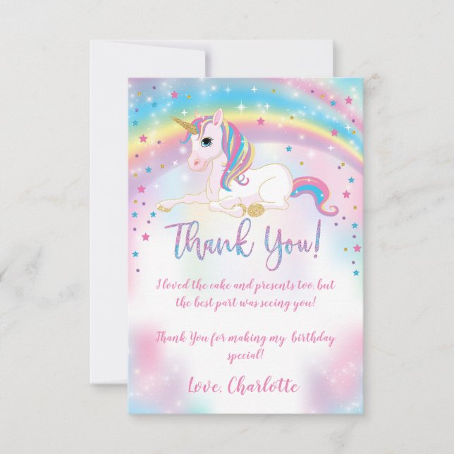 Carte De Remerciements Au-dessus de Rainbow Birthday Party Unicorn (Devant)