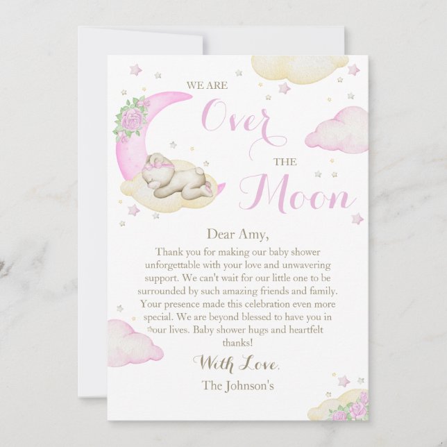 Carte De Remerciements Au-Dessus Du Baby shower De L'Ours Fille Lune (Devant)