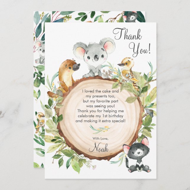 Carte De Remerciements Australian Animaux mignonette Koala 1er anniversai (Devant / Derrière)