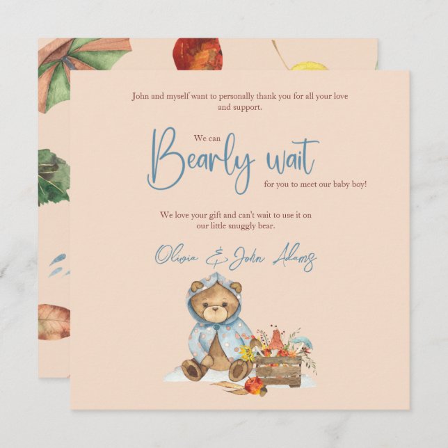 Carte De Remerciements Automne Ours Baby shower Merci, Ours d'automne (Devant / Derrière)