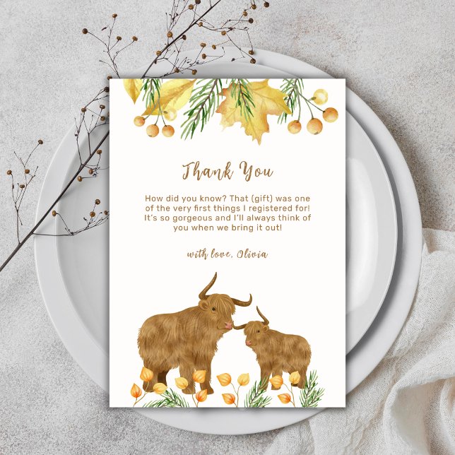 Carte De Remerciements Automne Printemps Boho Highland Baby shower de la  (Fall Spring Boho Highland Cow Baby Shower Thank You Card)