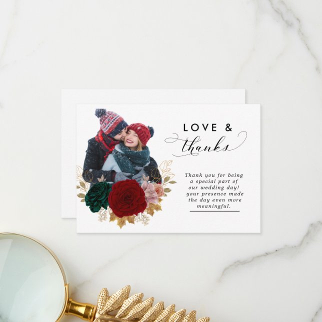 Carte De Remerciements Autumanal Gold Burgundy Emarald Greeny Mariage (Devant/Arrière en situation)