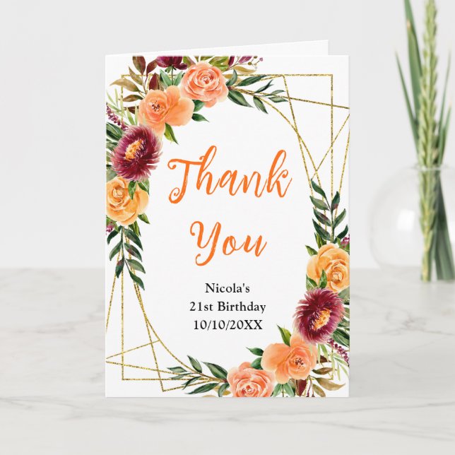 Carte De Remerciements Autumn Burgundy and Orange Floral Birthday (Devant)