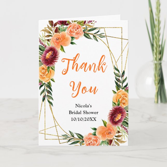 Carte De Remerciements Autumn Burgundy and Orange Floral Bridal Shower (Devant)