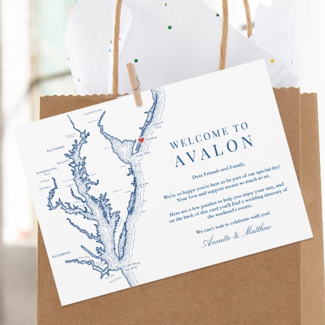 Carte De Remerciements Avalon NJ Mariage Week-end Événements Bienvenue It (Welcome To Avalon New Jersey Wedding Itinerary and Weekend Events Letter in elegant navy blue)