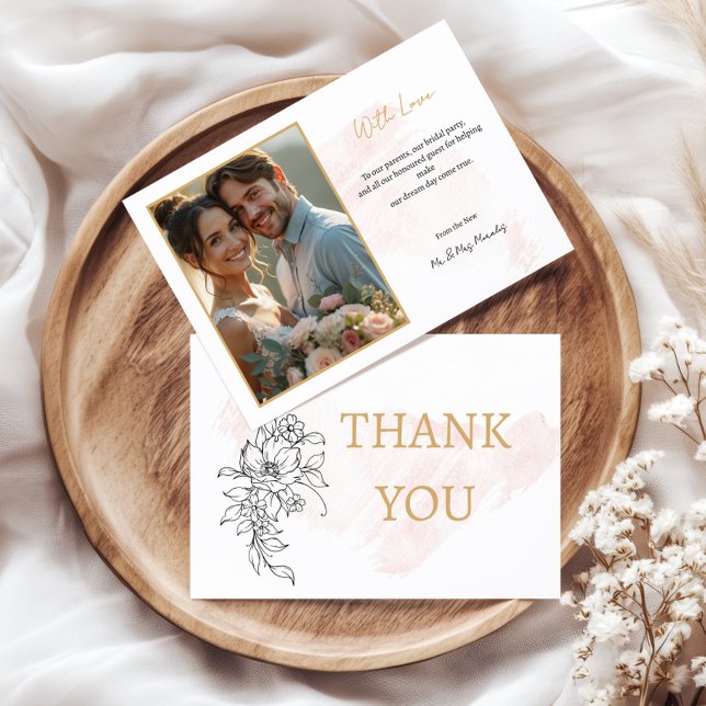 Carte De Remerciements Avec amour - Aquarelle transparente photo avec élé (With Love – Blush Watercolor Photo with Elegant Thank You Card)