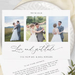 Carte De Remerciements Avec Amour et Gratitude Élégant Mariage photo<br><div class="desc">Merci à vos invités avec cet élégant trois photo collage mariage carte de remerciements! Design blanc et noir propre et simple, plein d'élégance et de grâce. Phrase "avec Amour et Gratitude" en calligraphie manuscrite moderne. Facile modèle où vous pouvez ajouter vos images, Zazzle fera tout le travail et les ajouter...</div>