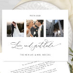 Carte De Remerciements Avec Amour et Gratitude Élégante photo de mariage<br><div class="desc">Merci à vos invités avec cet élégant trois photo collage mariage carte de remerciements! Design blanc et noir propre et simple, plein d'élégance et de grâce. Phrase "avec Amour et Gratitude" en calligraphie manuscrite moderne. Modèle simple où vous pouvez ajouter vos images, Zazzle fera tout le travail et les ajoutera...</div>