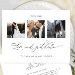 Carte De Remerciements Avec Amour et Gratitude Monogramme Photo Mariage<br><div class="desc">Merci à vos invités avec cette élégante photo collage mariage monogrammed carte de remerciements! Design blanc et noir propre et simple, plein d'élégance et de grâce. Phrase "avec Amour et Gratitude" en calligraphie manuscrite moderne. Retour avec un élégant monogramme dessiné à la main avec les initiales des couples et la...</div>