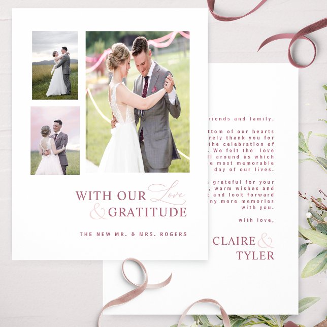 Carte De Remerciements Avec Amour & Gratitude Photo Mariage rose Bourgogn (Créateur téléchargé)