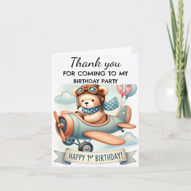 Carte De Remerciements Avion 1er Anniversaire Fête Boy Cute (Devant)