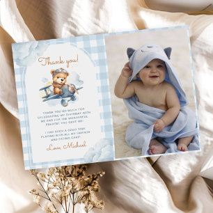 Carte De Remerciements Avion Teddy Bear Bleu 1er Anniversaire Photo