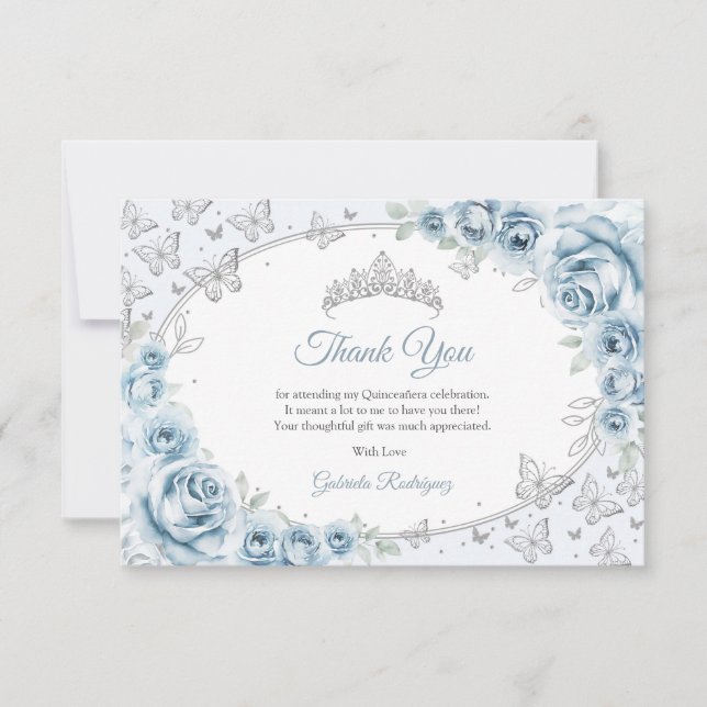 Carte De Remerciements Baby Blue Argent Floral Quinceanera (Devant)